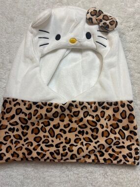 Sanrio White Plush Hello Kitty Hooded Scarf with Leopard Bow & Trim
